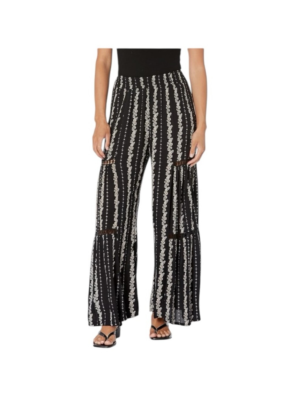 Love Wish Wide Leg Palazzo Pants Boho Hippie Festival Black Tan Lace Floral S